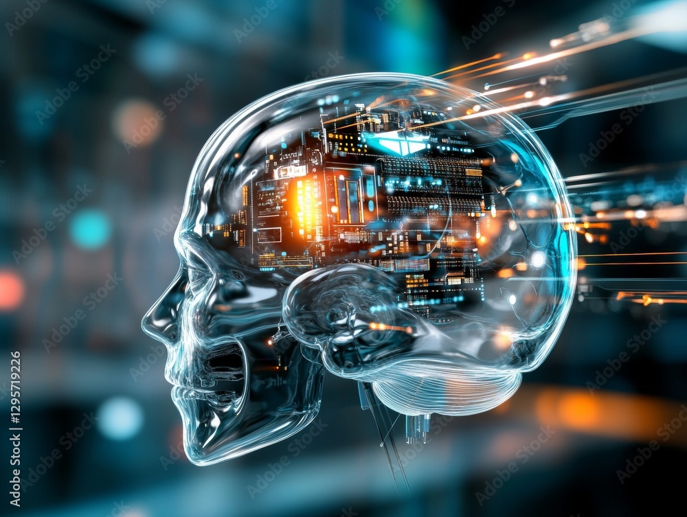 Poster exploring the future of technology artificial intelligence in a transparent cybernetic brain concept