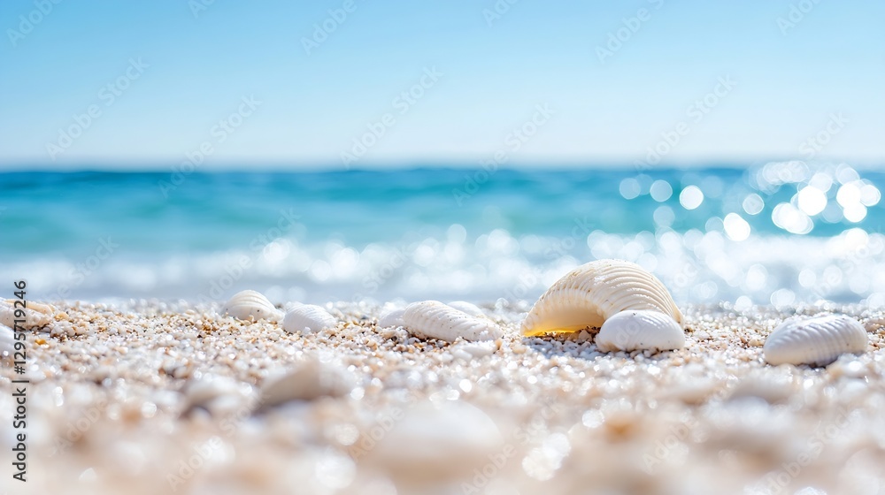 Poster Beautiful close up of seashells on sandy beach with sparkling ocean in the background under a clear blue sky : Generative AI