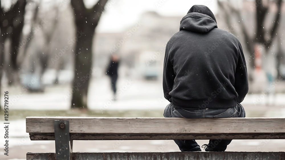 Poster Lonely Man Sitting on a Wooden Bench in a Snowy Park with Trees and a Distant Figure Walking : Generative AI