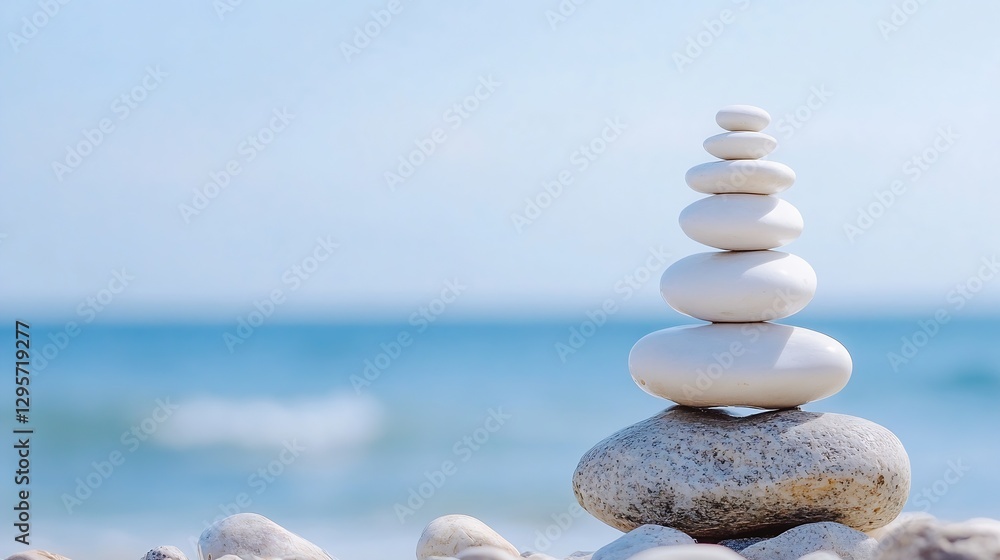 Poster stack of smooth white stones balanced on a large rock near the shoreline of a calm beach under a cle
