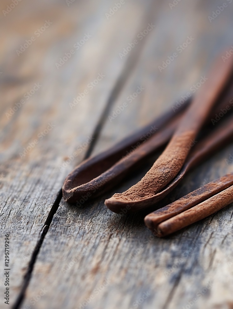 Poster natural cinnamon sticks placed on a rustic wooden surface showcasing their rich texture and color : 
