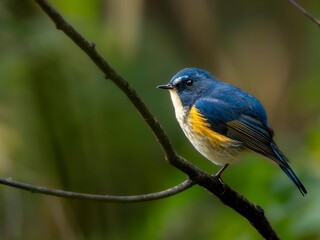 森の中の木陰で枝に留まって周りを見渡しているルリビタキの雄。リラックスして片足立ちしている様子。
