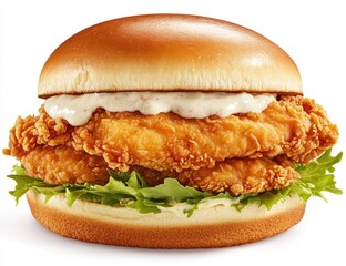Crispy Chicken Sandwich on a Bun, Studio Shot, Against White Background