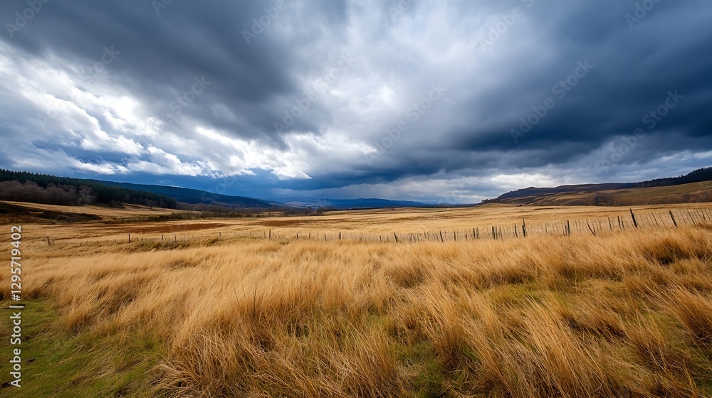 Poster expansive golden grass field under dramatic dark clouds and bright sky : generative ai