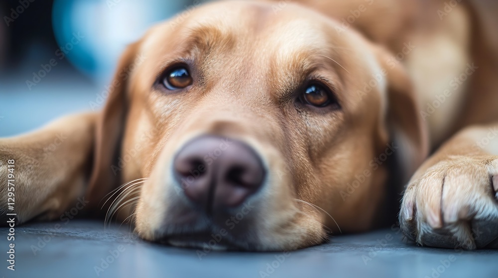Aufkleber Adorable Golden Retriever Dog Relaxing on the Floor with Soft Eyes Displaying a Gentle and Loving Expression : Generative AI