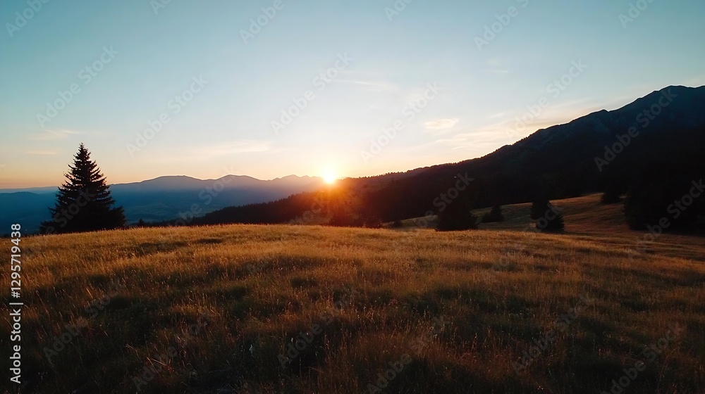 Poster breathtaking sunset view over rolling hills with golden grass fields and silhouette of trees : gener