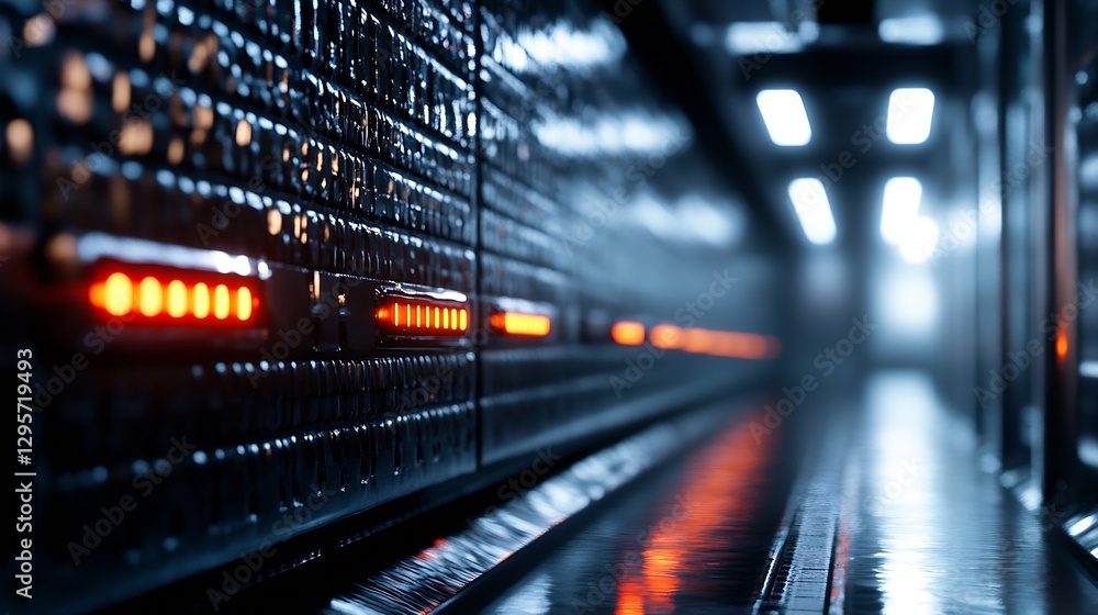 Poster Illuminated Data Center Halls With High Tech Server Equipment : Generative AI