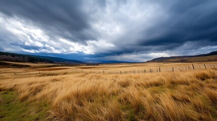 Expansive Golden Grass Field Under Dramatic Dark Clouds and Bright Sky : Generative AI