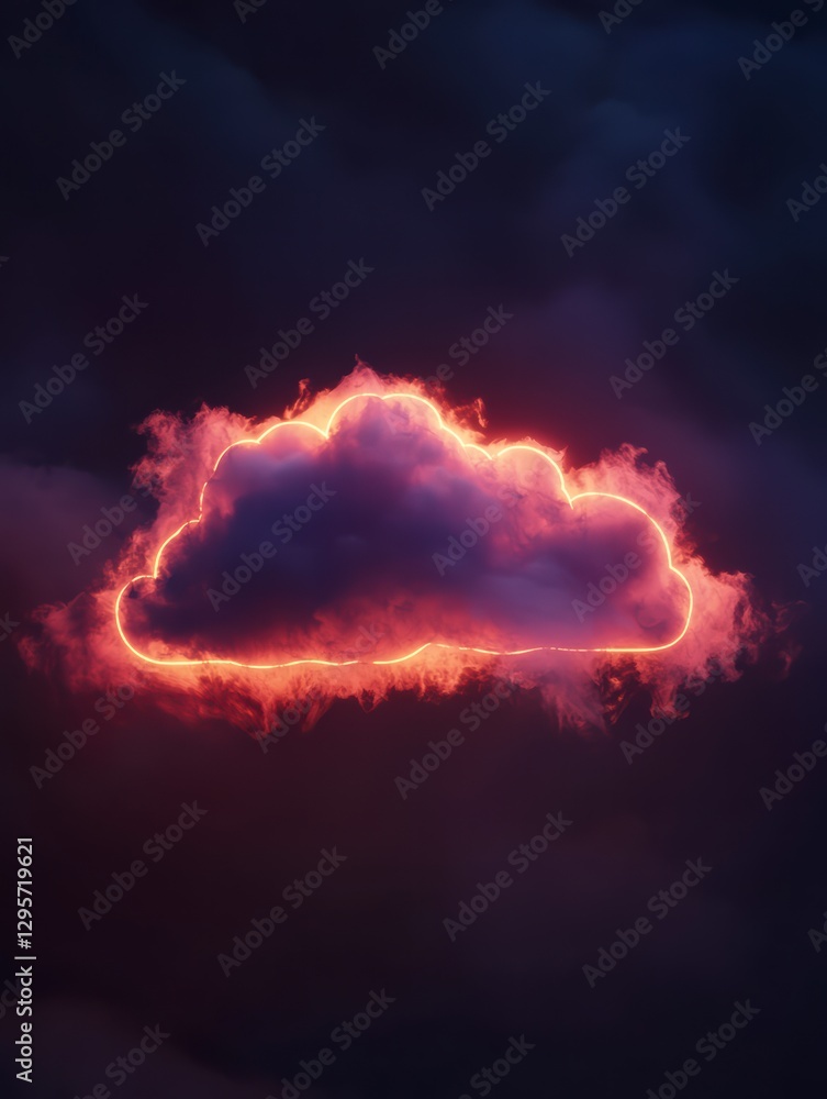 Poster illuminated cloud: a surreal image of a cloud, seemingly ablaze with a fiery aura, against a dark, m