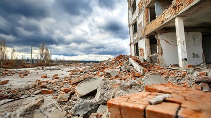 Desolate urban ruins with scattered bricks under a dramatic cloudy sky : Generative AI