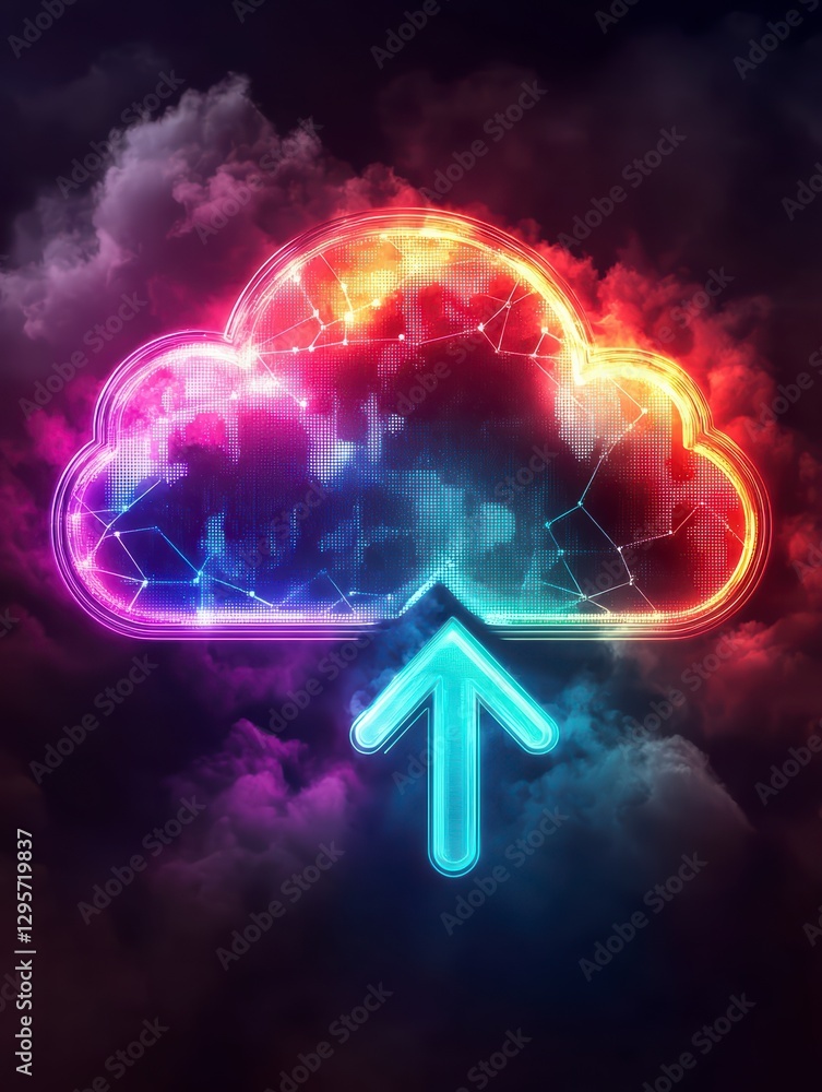 Poster cloud data upload: futuristic neon illustration of a cloud with an upward arrow symbol, signifying d