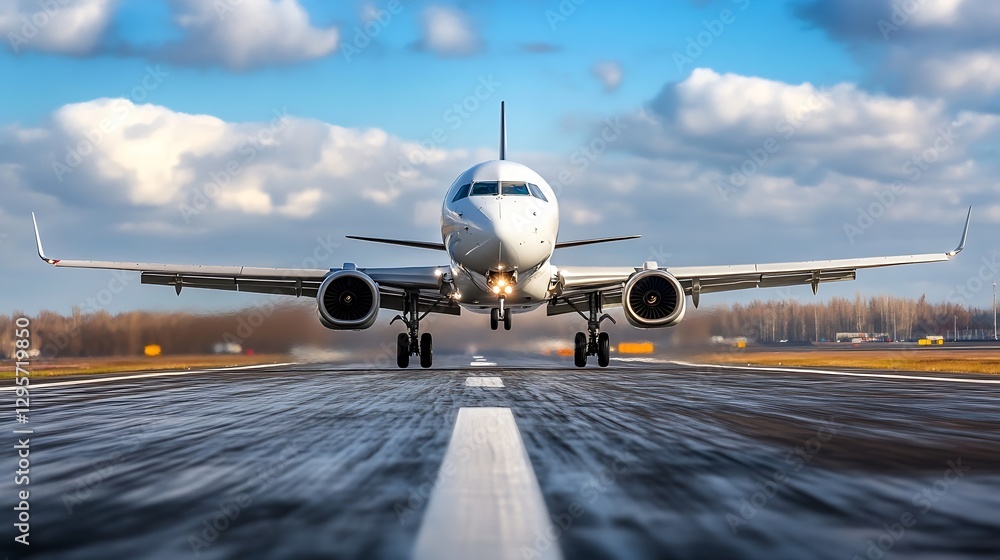 Poster airplane taking off on a runway with beautiful blue sky and clouds : generative ai