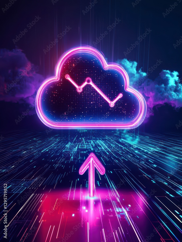 Poster digital cloud data: a vibrant digital representation of cloud data transfer, with a glowing cloud ic