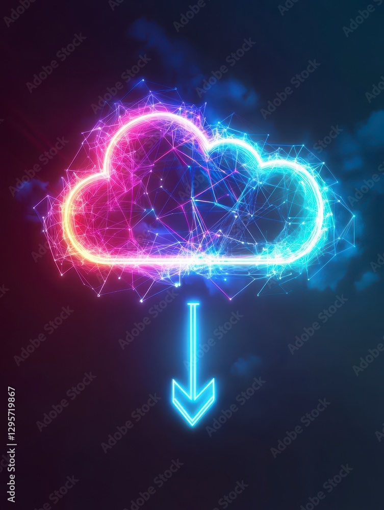 Poster cloud computing data transfer: this vibrant illustration showcases a glowing cloud emitting an arrow