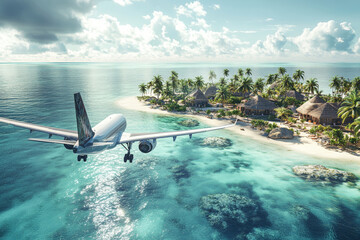 Passenger plane glides over turquoise waters near tropical resort bungalows under a sunny sky