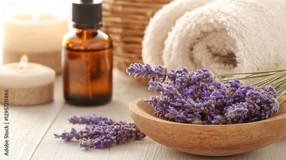 Poster Lavender Essential Oil with Candles and Towels Creating a Relaxing Spa Environment : Generative AI