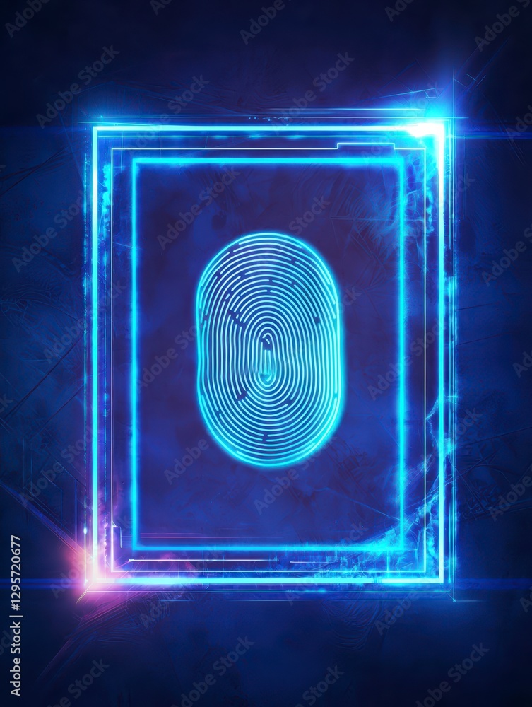 Poster digital identity verification: a mesmerizing digital fingerprint illuminated by a neon frame, embody