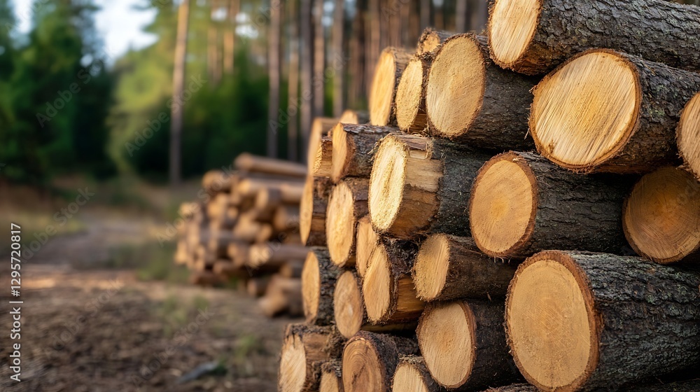 Aufkleber Stacked Logs in a Serene Forest Setting with Sunlight Filtering Through Tall Trees : Generative AI