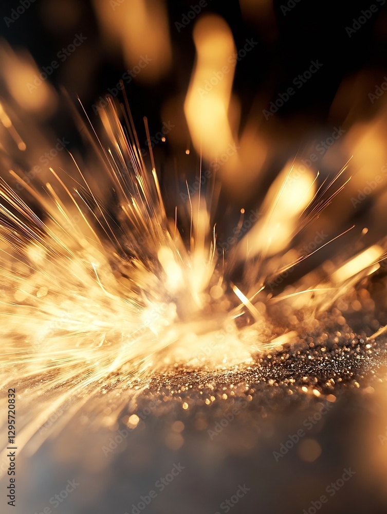 Poster dynamic and sparkling explosion of bright sparks and golden glimmers captured in stunning detail : g