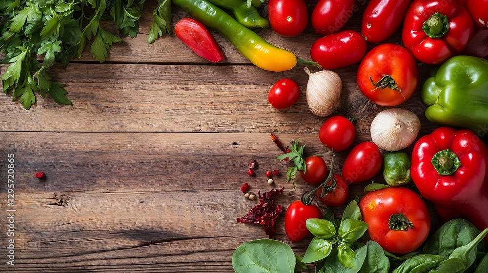 Poster Vibrant Collection of Fresh Vegetables on a Rustic Wooden Table Displaying Color and Variety : Generative AI