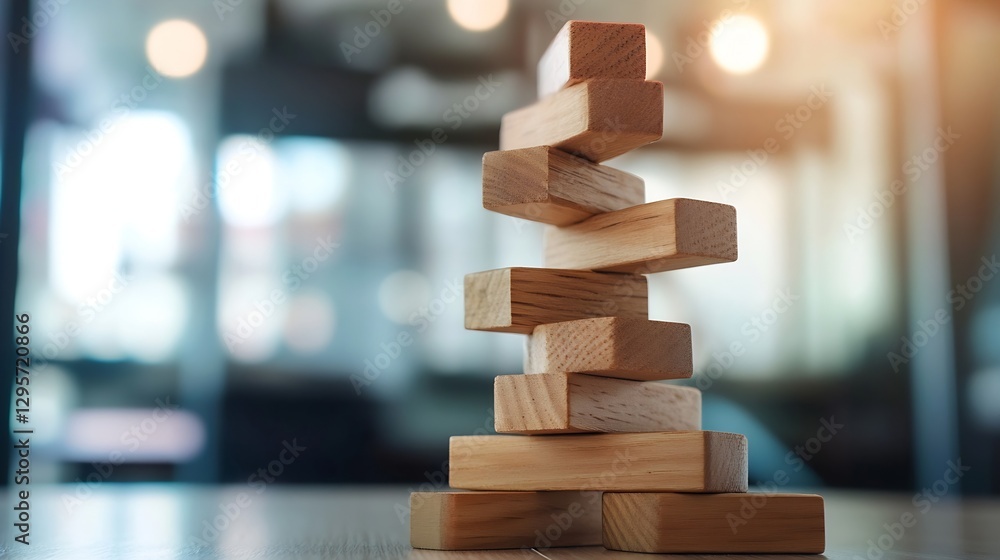 Aufkleber A creative wood block game stacked precariously on a table in a bright and modern indoor setting : Generative AI