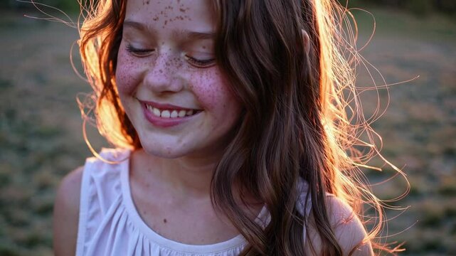 A freckled girl stands in a field during golden hour, illuminated by soft sunlight. Her long hair glows as the sun sets, creating a warm and peaceful atmosphere.