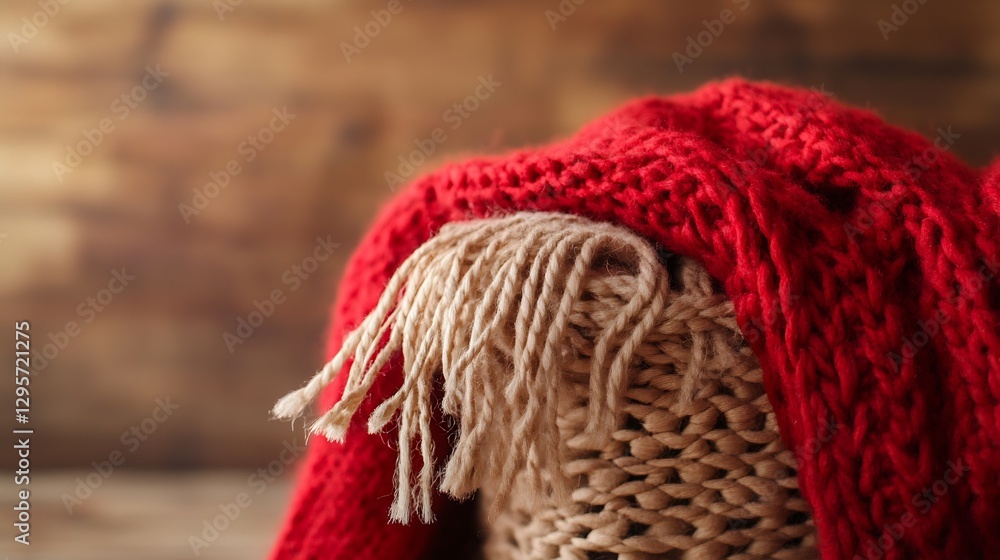Poster Cozy knitted blanket draped over a straw basket with a rustic background : Generative AI