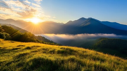 Obraz premium Breathtaking Sunrise Over Mountain Landscape Bathed in Golden Light and Soft Fog : Generative AI
