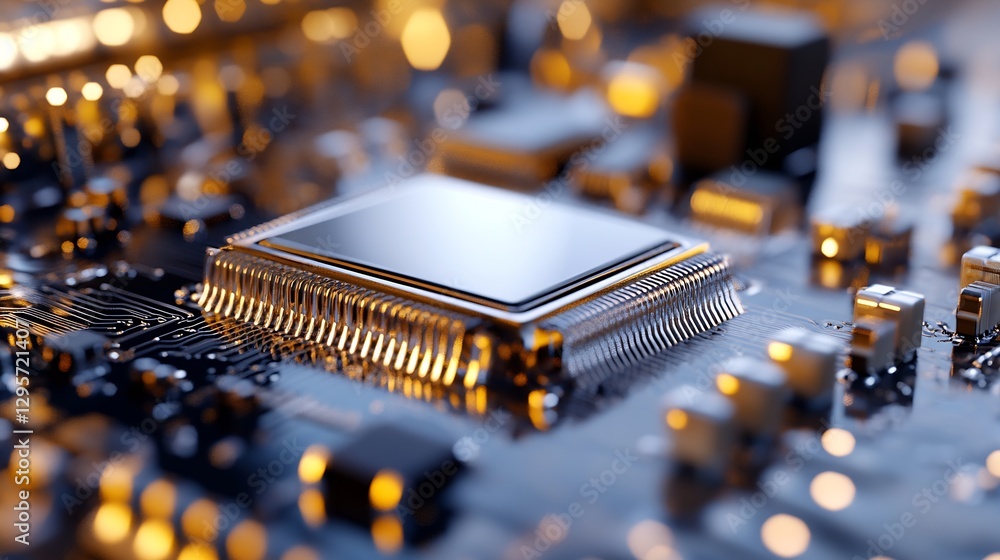 Poster Close Up of a High Tech Computer Microchip on Circuit Board with Golden Lights : Generative AI