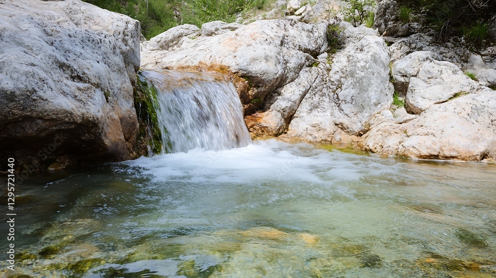 Poster serene mountain stream gently flowing over rocks surrounded by lush greenery in nature : generative 