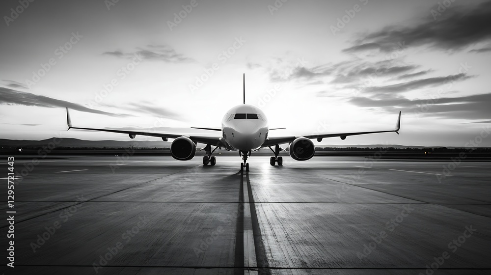 Poster Striking monochrome image of an airplane on a runway during twilight emphasizing aviation and travel themes : Generative AI