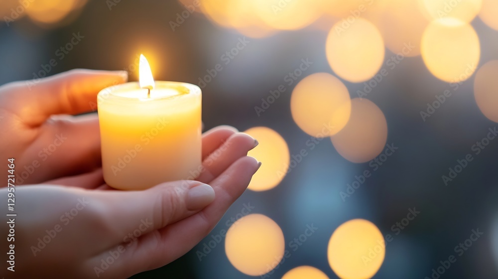 Aufkleber Beautiful glowing candle held in hands with soft bokeh background creating a warm ambiance : Generative AI