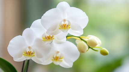 Fototapeta premium Elegant white orchids in bloom creating a fresh and calming atmosphere in a modern setting : Generative AI