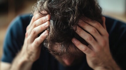 Naklejka premium Stressed Man Sitting with Hands on Head in Moment of Emotional Overwhelm : Generative AI