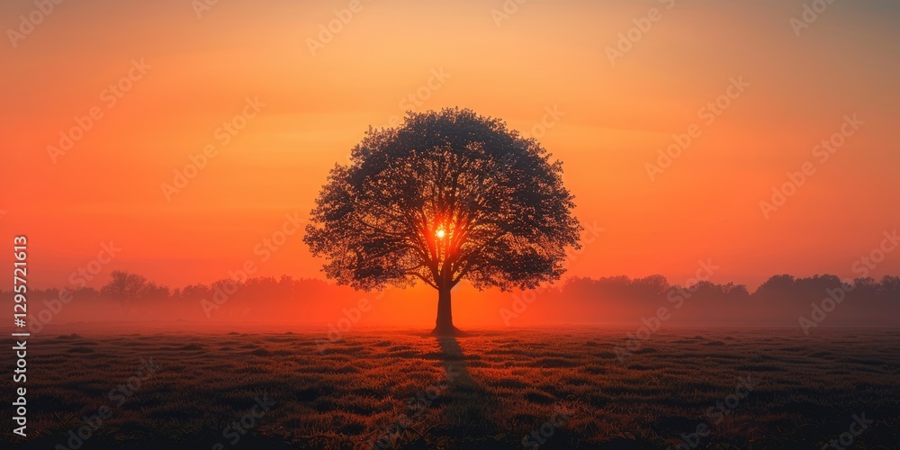 Poster sunset behind a solitary tree in a glowing field. background image of silhouette image of tree growi