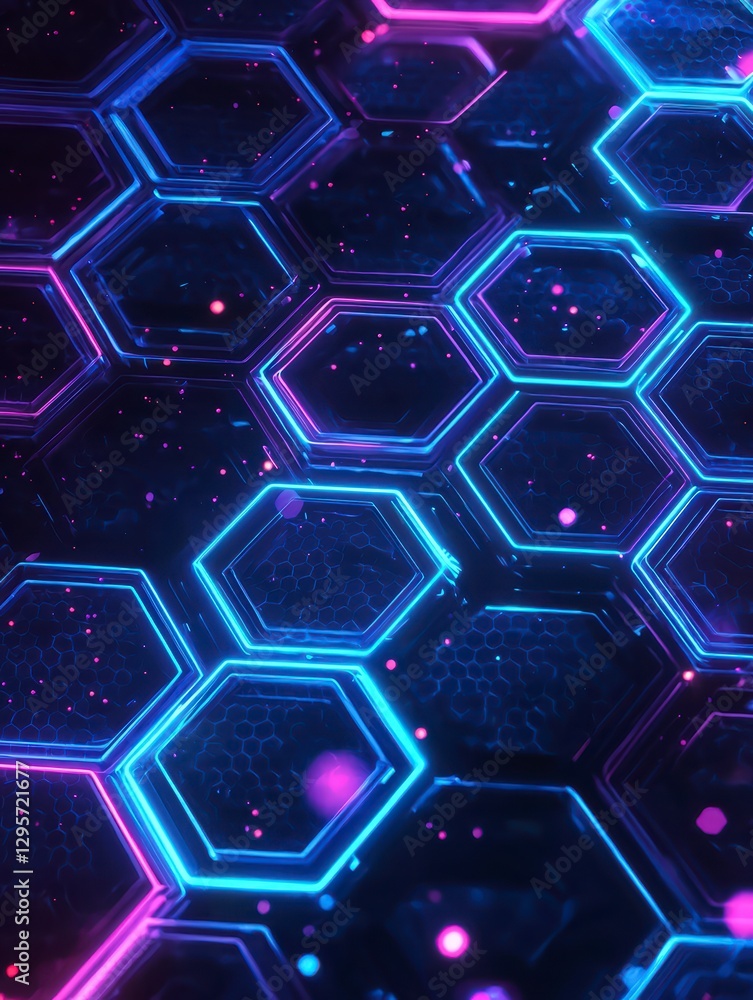 Poster cybernetic hexagons: intricate neon-lit geometric patterns composed of interconnected hexagonal shap