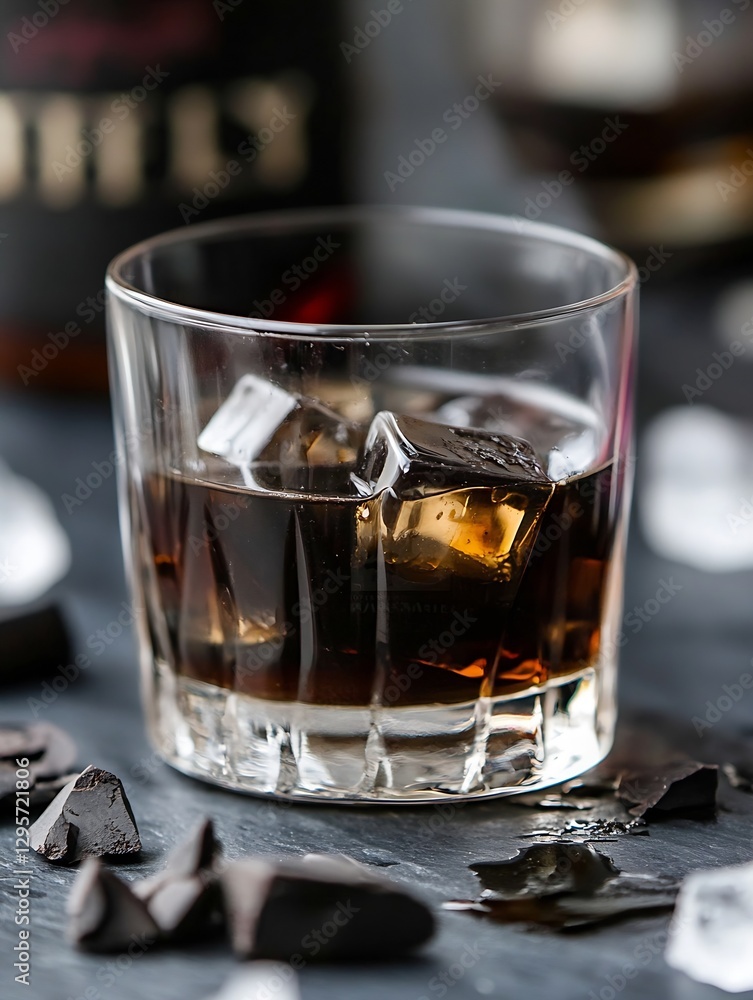 Poster a refreshing glass of whiskey on the rocks featuring ice cubes and dark chocolate pieces : generativ