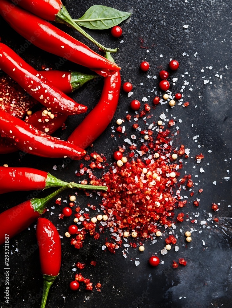 Poster fresh red chili peppers and colorful spice blend on dark stone background : generative ai