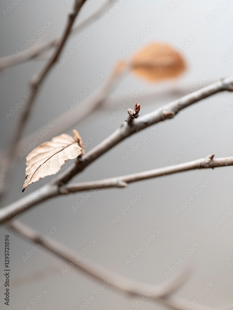 Poster artistic capture of a single leaf on a bare branch with soft background blur : generative ai