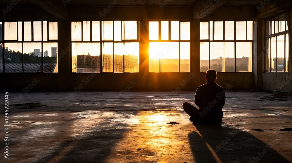 Poster silhouetted figure meditating as the sun sets through a large window in an industrial space : genera