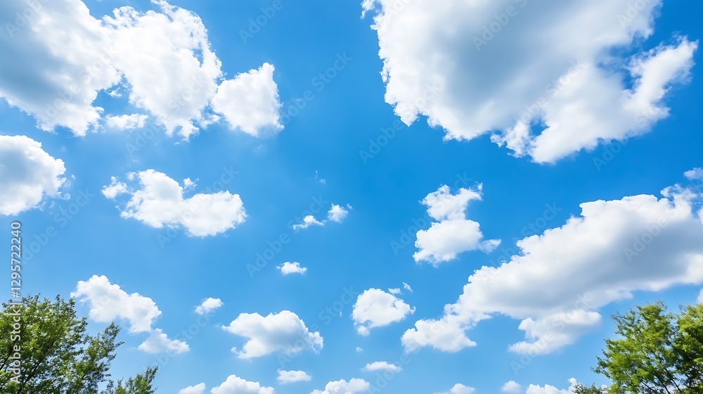 Poster bright blue sky filled with fluffy white clouds creating a peaceful atmosphere : generative ai