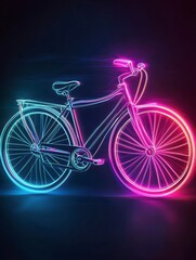 Fototapeta premium Neon Bike Silhouette: A bicycle glows with vibrant neon lights, standing out in a mysterious atmosphere, evoking energy, urban life, and movement.