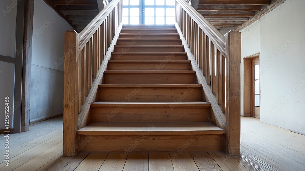 Poster a serene view of a wooden staircase leading to a bright room filled with natural light enhancing the