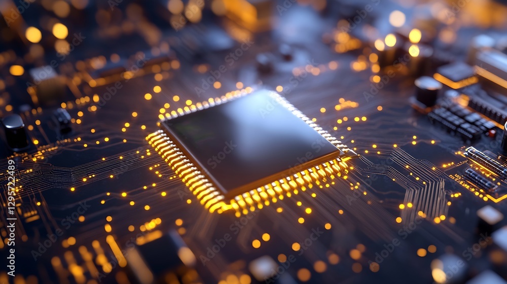 Leinwandbilder Close Up of a Microchip on a Circuit Board with Glowing Lights Representing Technology and Innovation : Generative AI