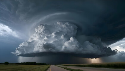 An immense towering cumulonimbus cloud looms over a long road