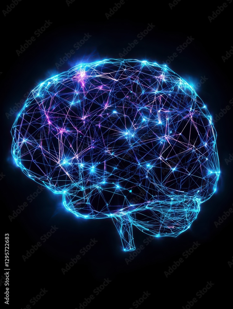 Poster digital brain: an illuminated digital representation of a human brain, constructed from glowing inte