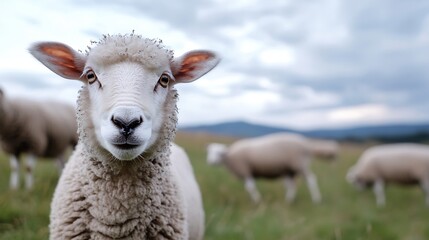 Fototapeta premium Closeup of Sheep Grazing in Green Pasture Showcasing Farm and Rural Life : Generative AI