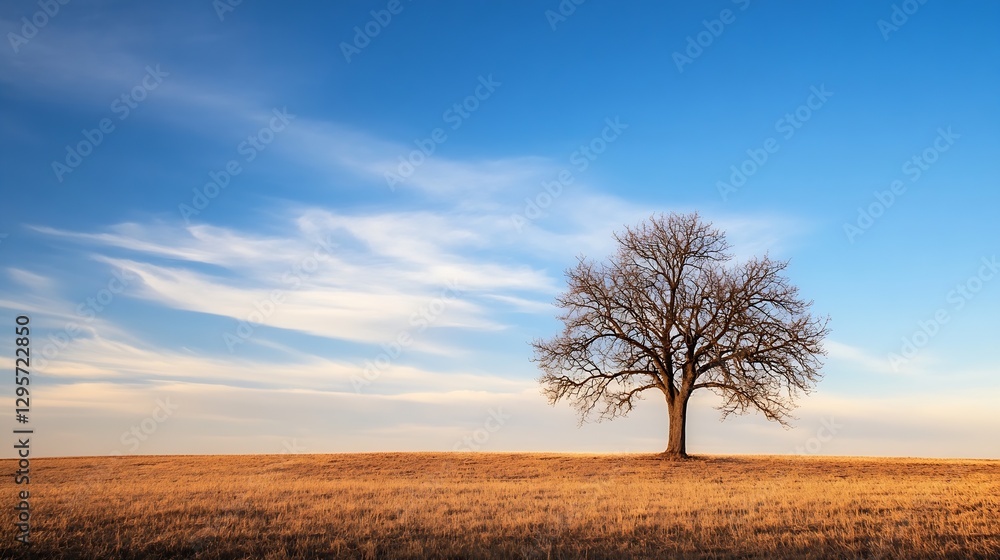 Poster solitary tree in a golden field under a bright blue sky with delicate clouds : generative ai