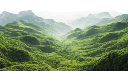 Lush green valley surrounded by rolling hills on transparent background