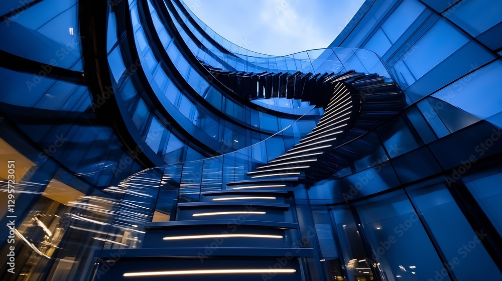 Poster majestic spiral staircase with modern design surrounded by glass in twilight : generative ai